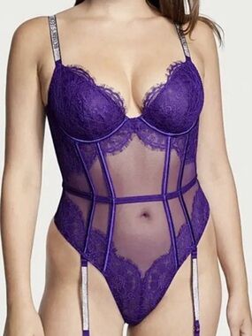 Victoria's Secret Purple Large Very Sexy Lace Rhinestone Strap Teddy Bodysuit